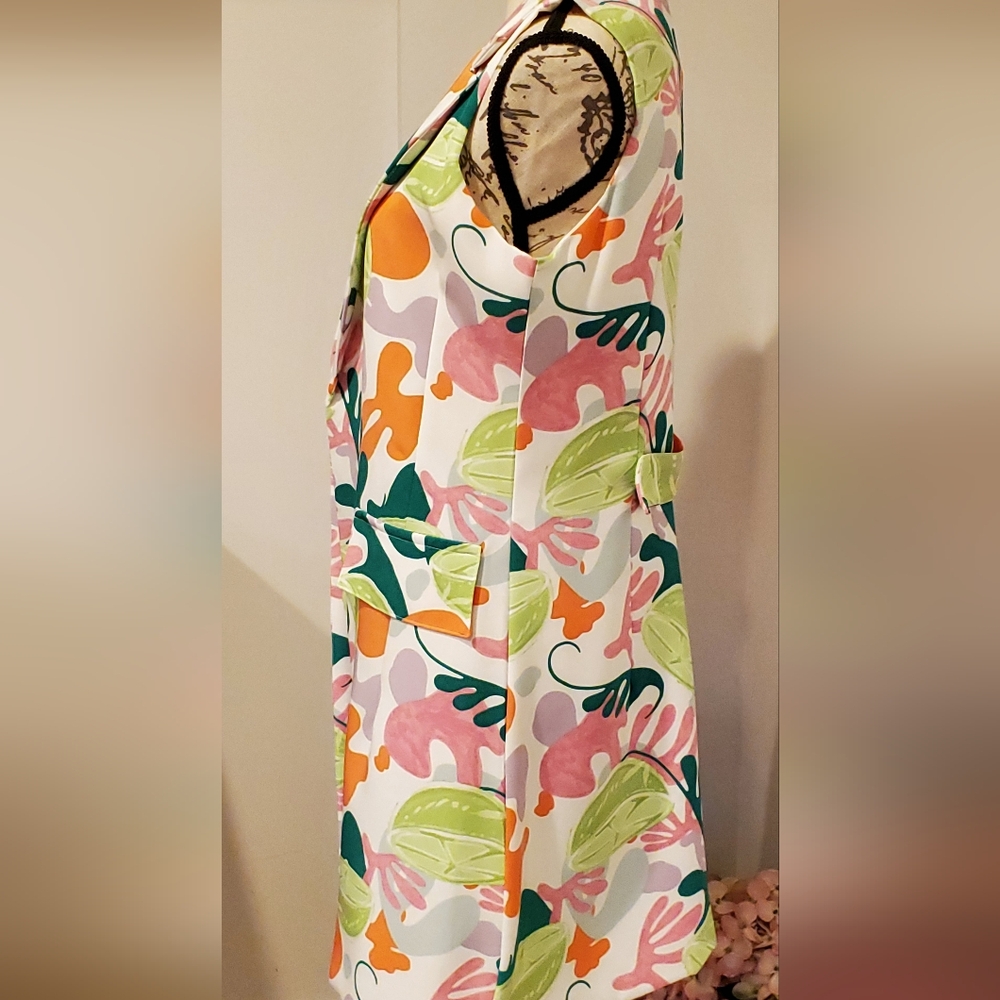 UNKNOWN BRAND WOMEN'S WHITE GREEN TROPICAL /SUMMER PRINT, LONG VEST, SIZE M. - Picture 3 of 8
